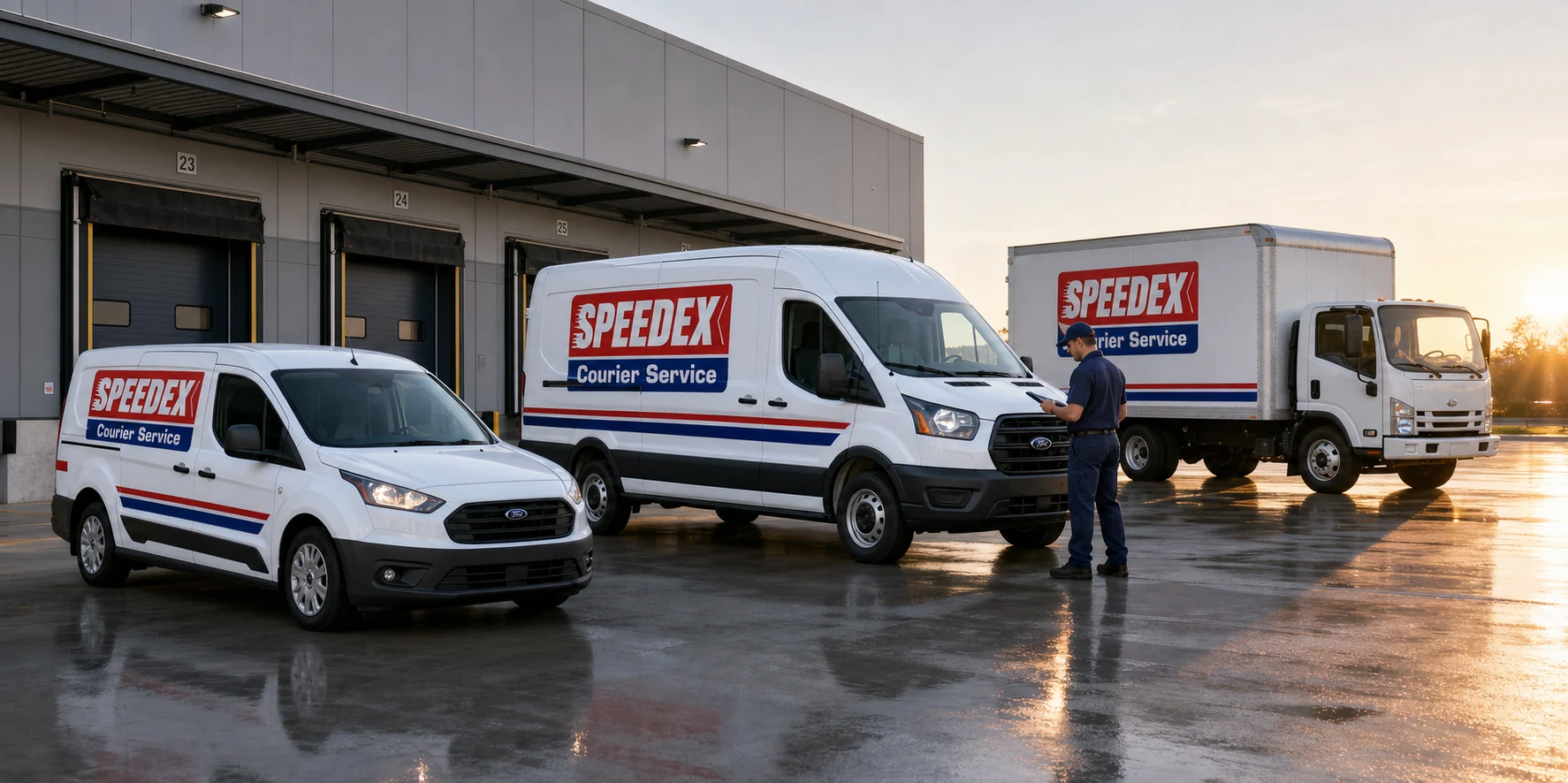 SpeedEx courier vans and truck prepared for dispatch