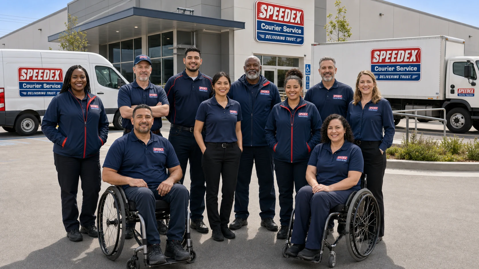 Mixed-race SpeedEx staff team, including two wheelchair users, at the company premises with delivery vehicles